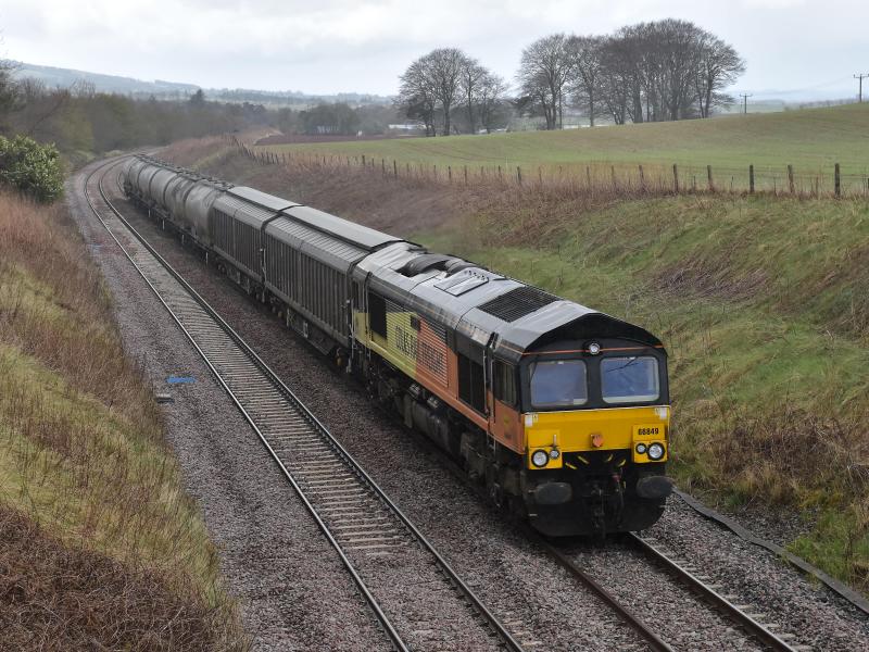 Class 66849 6A65: First Colas Class 66 for the Aberdeen Cement, be the furthest a /8 has gone in Scotland. Castleton - 4/5/21 Photo of Class 66849 6A65