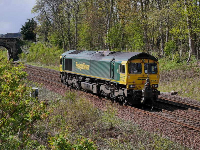 Dalgety scanner: Freightliner 66955 has just passed through Dalgety Bay with a RILA scanner trip returning to Millerhill from Aberdeen. 5 May 2021. Photo of Dalgety scanner