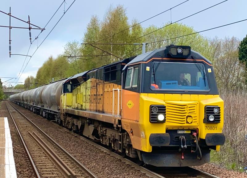 Colas Cement: Colas Class 70, no. 70801 approaches Holytown station, working 6B37 Viewpark - Oxwellmains empty cement tankers. (05/05/2021) Photo of Colas Cement