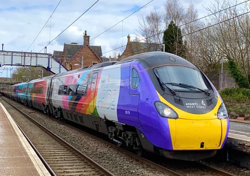 Glasgow Bound Pride: Avanti Pride liveried 390119 speeds north through Uddingston station working 1S52 London Euston - Glasgow Central (10/04/2021) Photo of Glasgow Bound Pride