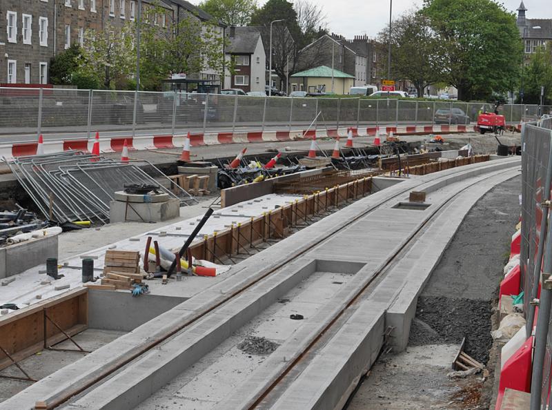 Newhaven tram stop: Newhaven tram stop under construction on 14 May 2021. The curve on the right will be used as a stabling area. Photo of Newhaven tram stop
