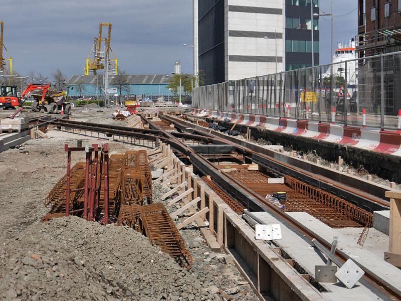 Ocean Terminal track: Track including a crossover being installed at Ocean Terminal on 14 May 2021. View looking north with the Stop behind the camera. Photo of Ocean Terminal track