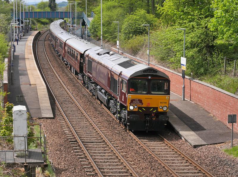 Dalgety Bay Scotsman: 66746 passes through Dalgety Bay at a sedate pace with the Royal Scotsman 'Taste of the Highlands' first tour of the year, to Boat of Garten on 19 May 2021. Photo of Dalgety Bay Scotsman