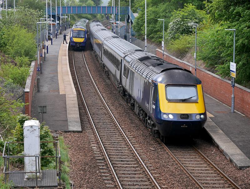 Dalgety pass: The 15.30 Edinburgh - Aberdeen powered by 43034 and 43036 passes the calling 15.20 from Glenrothes with Thornton to Edinburgh formed by 170413. 28 May 2021. Photo of Dalgety pass