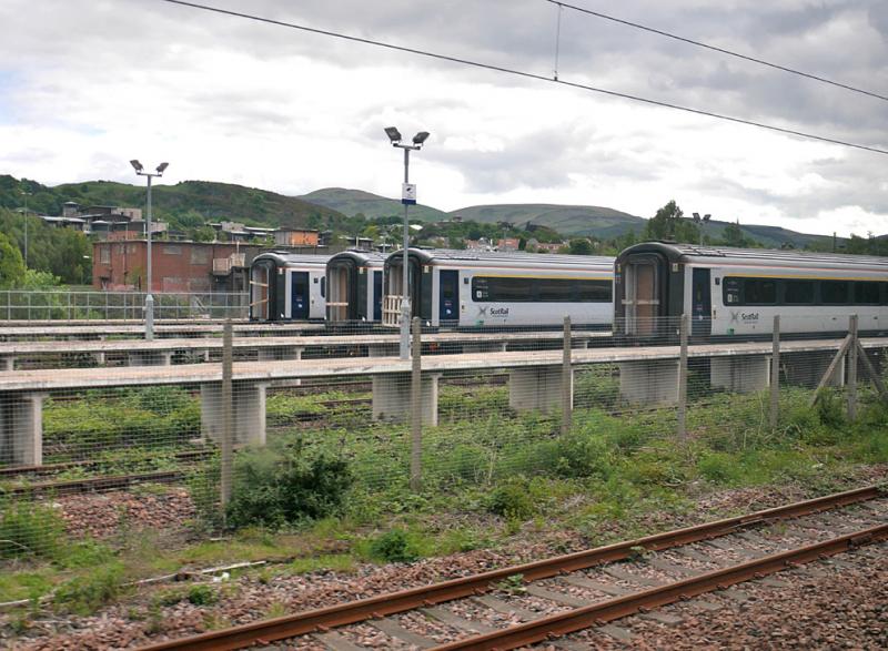Slateford sidings: View from a passing train of the stabled HST stock in Slateford Yard. 4 June 2021. Photo of Slateford sidings