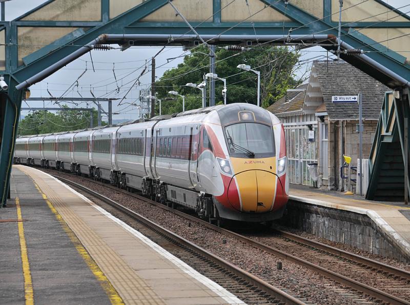 Prestonpans 801216: Azuma 801216 passes Prestonpans with the 15.30 from Edinburgh to Kings Cross on 11 June 2021. Photo of Prestonpans 801216