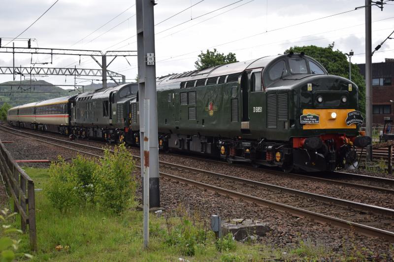 1Z17 approaching Dumbarton Central 12.6.21: BR green liveried Class 37s D6851 & D6817 with a consist of mainly Inter City liveried coaches approaches Dumbarton Central en route to Oban. Photo of 1Z17 approaching Dumbarton Central 12.6.21