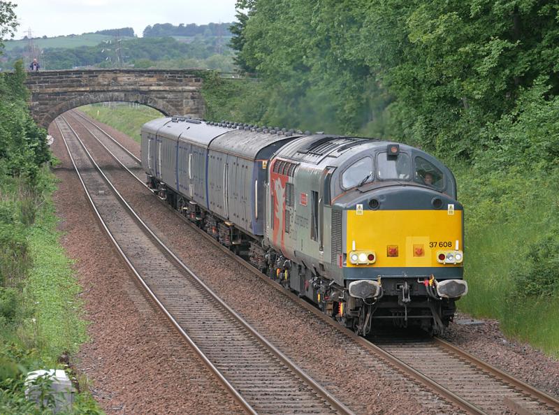ROG 37608: ROG's 37608 approaches Dalgety Bay with a rumble and a toot on a Derby RTC - Dundee working to collect withdrawn Mk3s. 14 June 2021 Photo of ROG 37608