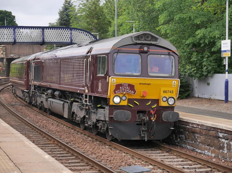 Aberdour Scotsman: 66743 passes Aberdour with a Royal Scotsman outing from Edinburgh to Cardenden on 15 June 2021. Photo of Aberdour Scotsman