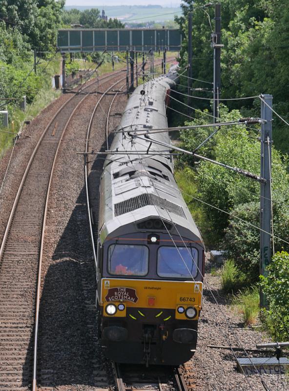 Craigentinny Scotsman: 66743 crawls out of Craigentinny Depot with the stock for the Royal Scotsman to Spean Bridge. 18 June 2021. Photo of Craigentinny Scotsman