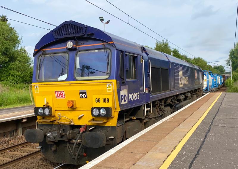 Morning Teesport: PD Ports liveried DB 66109 runs through Holytown station in partial morning sunlight working 4E98 Mossend - Tees Dock, a working the shed has been confined to for quite a while now. (19/06/2021) Photo of Morning Teesport