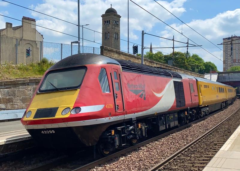 New Lease of Life: Former LNER HST powercar 43299 tails the 1Q26 Derby RTC - Edinburgh NMT working slowly passing through Motherwell. 43013 lead the consist. (22/06/2021) Photo of New Lease of Life
