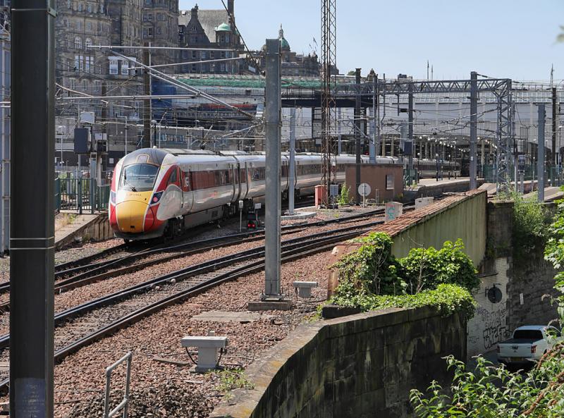Waverley arrival: 801210 arrives at Waverley platform 6 with the 09.00 from Kings Cross on 1 July 2021. Seen from near the foot of 'Jacob's Ladder steps. Photo of Waverley arrival