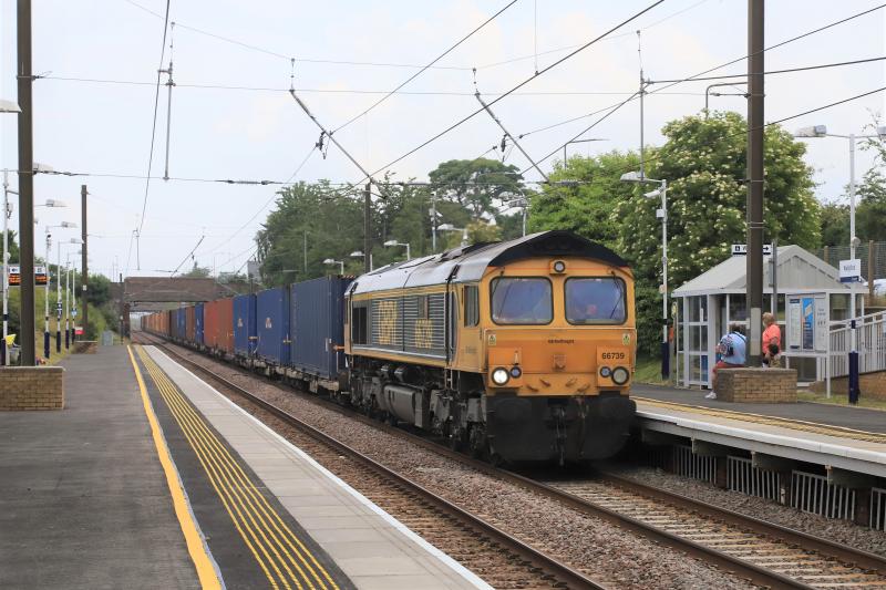 4S69: 66739 on 4S69 05.34 Doncaster Iport to Elderslie approaching Wallyford on 03/07/2021. Photo of 4S69