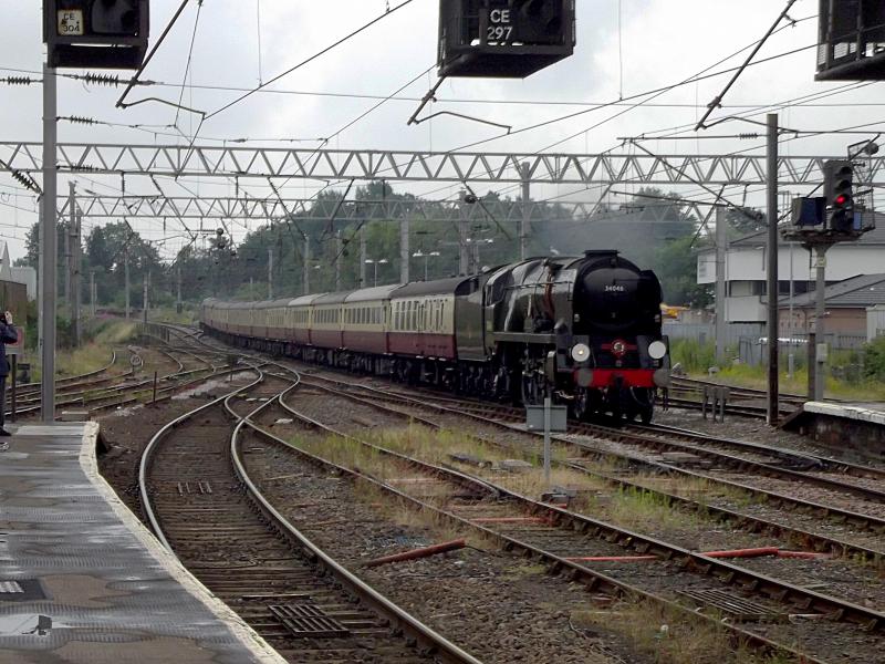 34046 at Carlisle: Ex Southern Merchant Navy 34046 Brunton arrives at Carlisle with a Charter Service from Rugby on 10th July 2021. Photo of 34046 at Carlisle