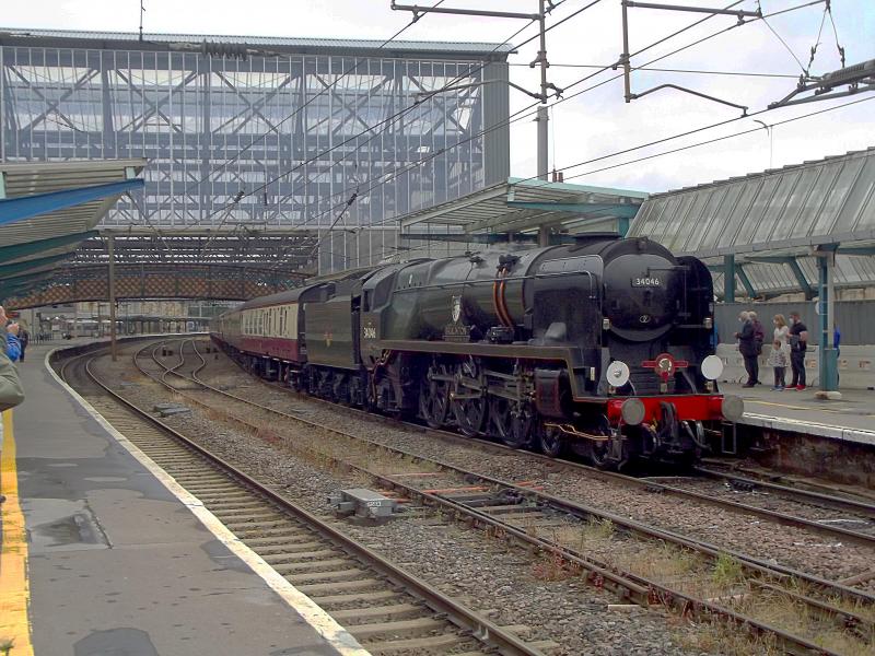 34046 at Carlsile: Ex Southern Merchant Navy 34046 Brunton arrives at Carlisle with a Charter Service from Rugby on 10th July 2021. Photo of 34046 at Carlsile