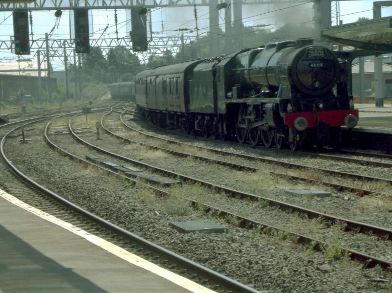 46115 at Carlisle : Royal Scot 46115 Scots Guardsman arrives at Carlisle with a Cumbrian Mountain Express Charter from Crewe, via Liverpool and Settle on 17th July 2021 Photo of 46115 at Carlisle