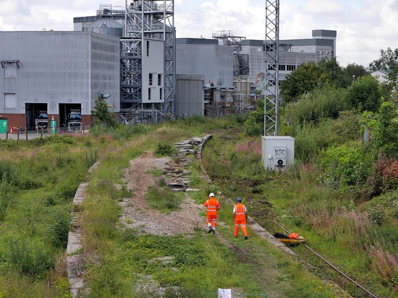 Cameron Bridge progress: On 10 August tracklifting on the Methil branch had reached Cameron Bridge with the trolley by the island platform marking the limit of rail. Photo of Cameron Bridge progress