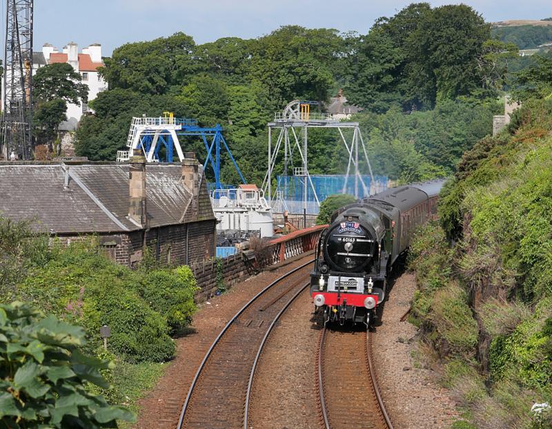 Burntisland Tornado: 60163 Tornado crosses Burntisland Viaduct with 'The Aberdonian' on 12 August 2021. Photo of Burntisland Tornado
