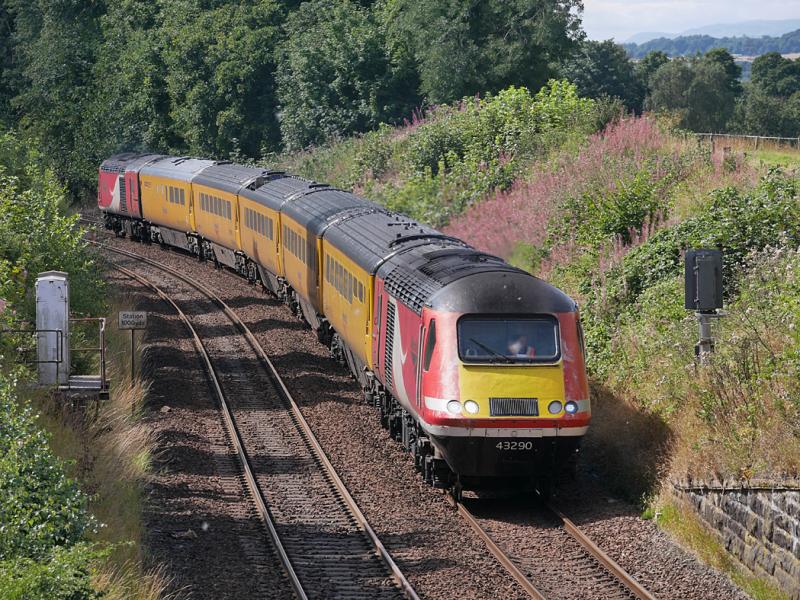 Donibristle NMT: The Edinburgh (ex-Crewe) to Aberdeen NMT passes the former Donibristle Siding powered by former LNER 43290 and 43299 on 17 August 2021. Photo of Donibristle NMT