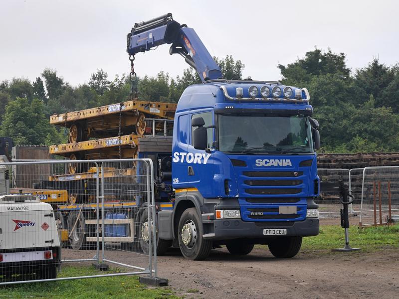 Kirkland trolleys: Their job done with the Methil branch lifted, permanent way trolleys are ready to leave the Kirkland Yard compound on the back of a lorry. 25 August 2021. Photo of Kirkland trolleys