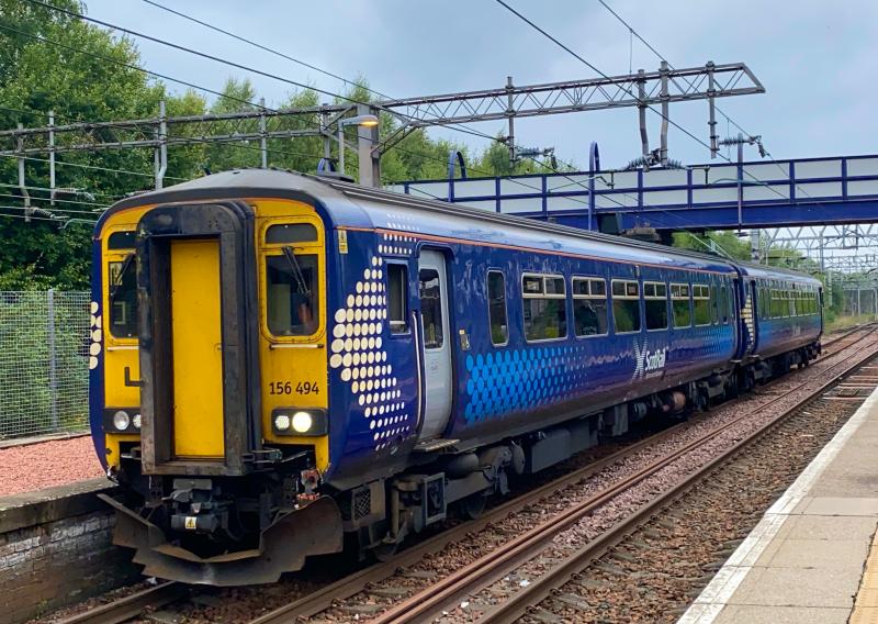 Sprinter to Steeles: Running under a West Coast Railways service code, ScotRail Saltire livery 156494 slowly rolls through Motherwell platform 4 working 5Z94 Corkerhill - Hamilton Steele. (06/09/2021) Photo of Sprinter to Steeles