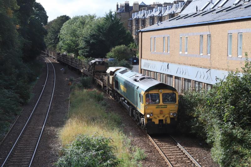 6K15: 66541 + 66568 on 6K15 09.35 Millburn Jct to Millerhill S.S. passing the site of Newington Station on 26/09/2021 Photo of 6K15