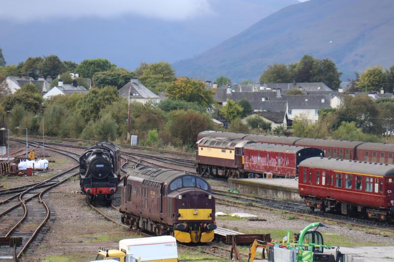 WC 57601 in FW Yard Picking Up a GUV: After parking the coaches it brought from Glenfinnan it ran into the yard work area to pick up a GUV coach. Also in the yard were stalwarts of the late BR era. Photo of WC 57601 in FW Yard Picking Up a GUV