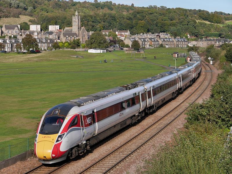 Burntisland Azuma: LNER 800110, forming the 10.00 from Kings Cross to Aberdeen, passes the site of Burntisland East Junction on 6 October 2021. Photo of Burntisland Azuma