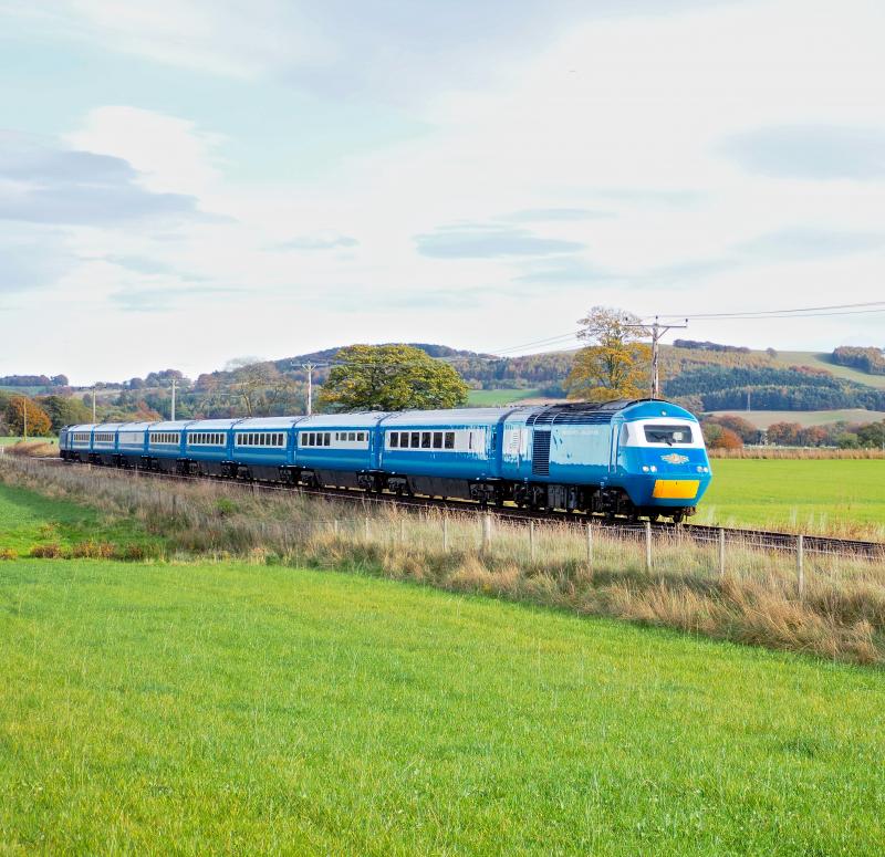 Blue Pullman at Bow of Fife: Blue Pullman HST passes Bow of Fife on 1 November 2021. Thanks to Mr Iain Smith for a wee bit of Photoshop enhancement to my photo. Photo of Blue Pullman at Bow of Fife