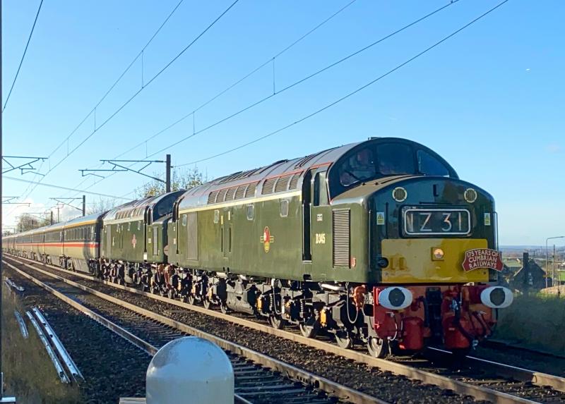 Roaring Forties: BR Green liveried Class 40 pair, 40145/D345 & 40013/D213 head the 1Z31 Crewe - Edinburgh Double Scotch special over the level crossing at Kirknewton. (13/11/2021) Photo of Roaring Forties