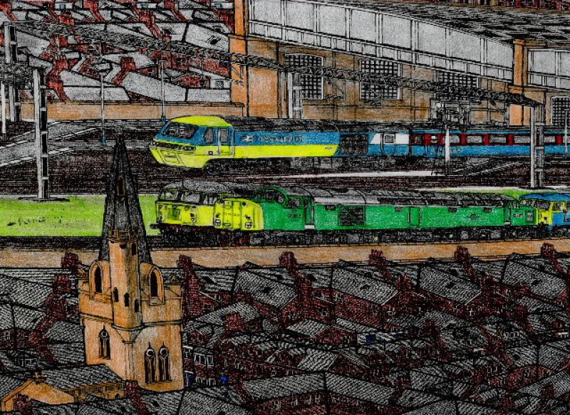 43194: My A3 Size drawing of 43194 on an APT Test Run. The station area is based on Carlisle and Manchester Picadilly Stations. Also, 40106 is in the stabling yard with a 47 and 56. Photo of 43194