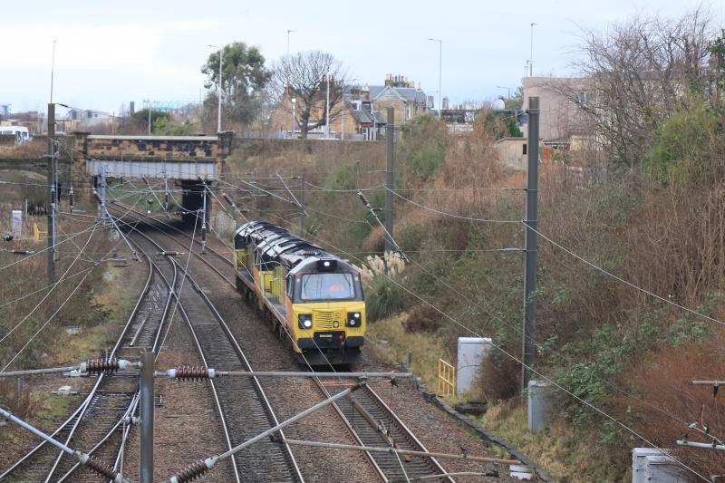 0K01: 70812 with 70808 on 0K001 09.40 Laurencekirk to Oxwellmains passing the site of Craigentinny Signalbox on 10/01/2022 Photo of 0K01