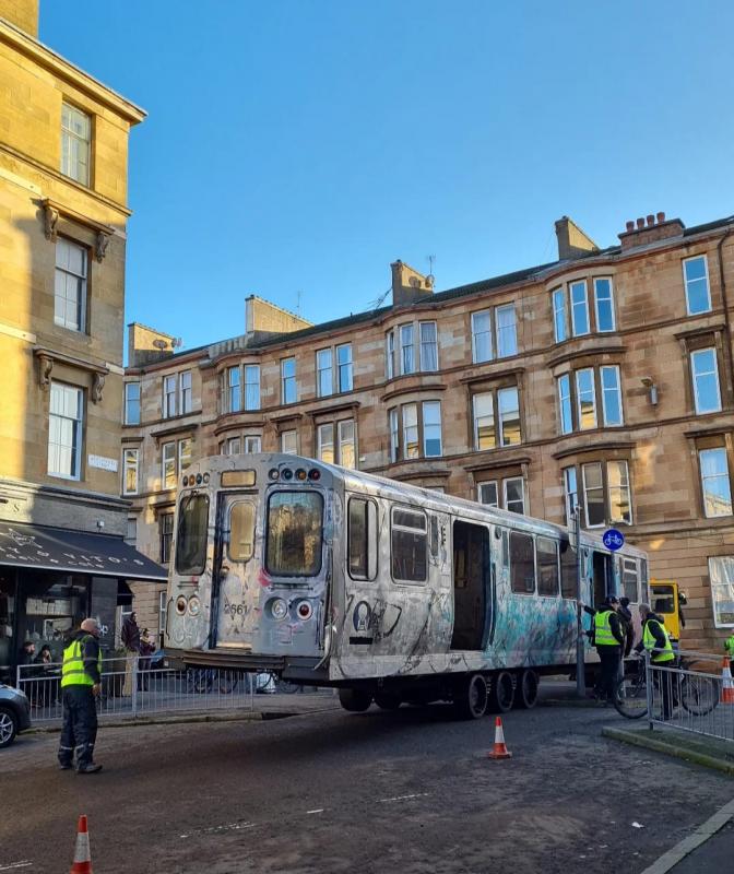 New York Subway: What is thought to be a NY subway car getting transported through Glasgow for the new Batgirl film currently being filmed there Photo of New York Subway