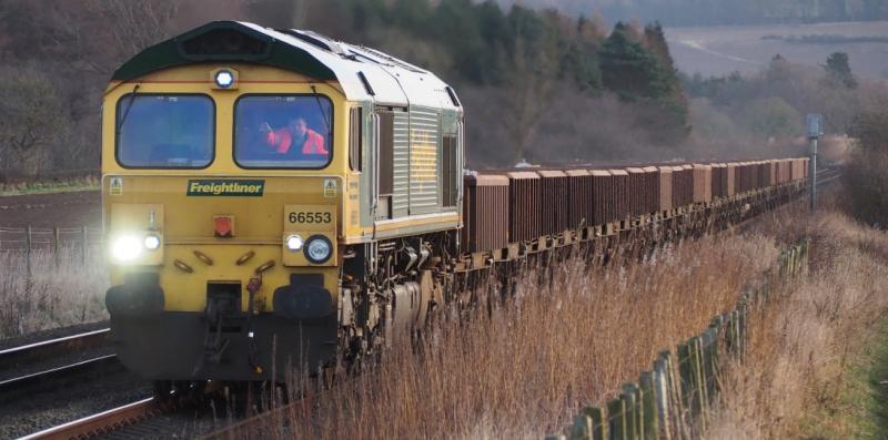 66553 approaches Bow of Fife LC: 66553 approaches Bow of Fife LC with late running Engineers train 31 January 2022 Photo of 66553 approaches Bow of Fife LC