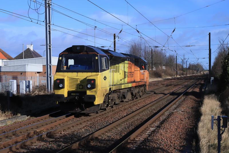 0B05 Loco Swap: 70814 on 0B05 13.05 millerhill S.S. to Oxwellmains at Prestonpans on 10/02/2022. 70814 had come North on 6S31 from Doncaster. 70805 to go south on 6E36 Photo of 0B05 Loco Swap