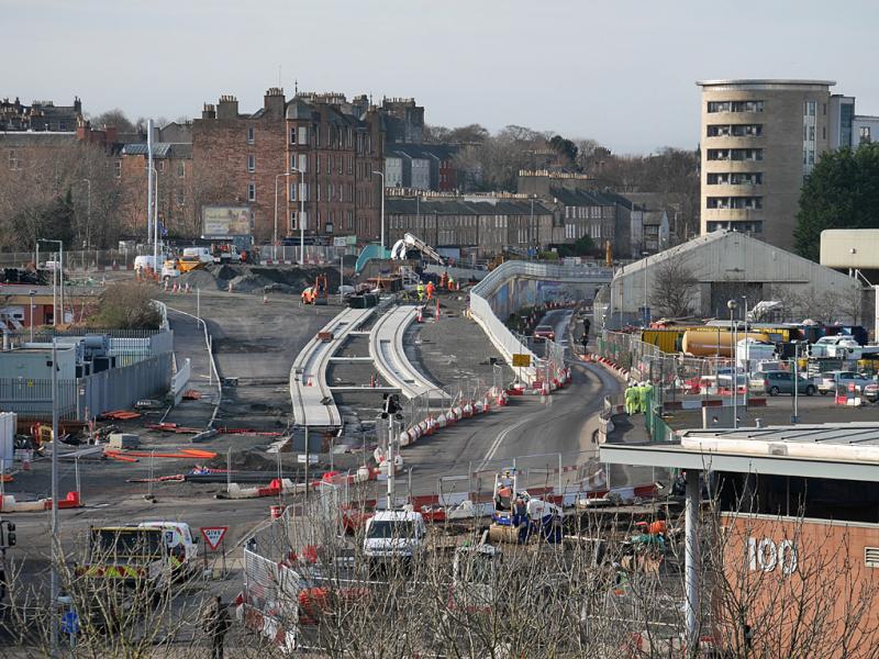 Leith North tramway: New slab track on the approach to the Newhaven terminus, climbing up from the site of Leith North station throat. 11 February 2022 Photo of Leith North tramway