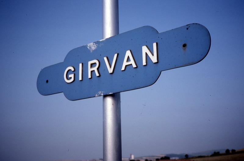 Girvan name sign: An unusual form of totem name sign, comprising a flat plate with raised letters, photographed on 30 August 1981 Photo of Girvan name sign