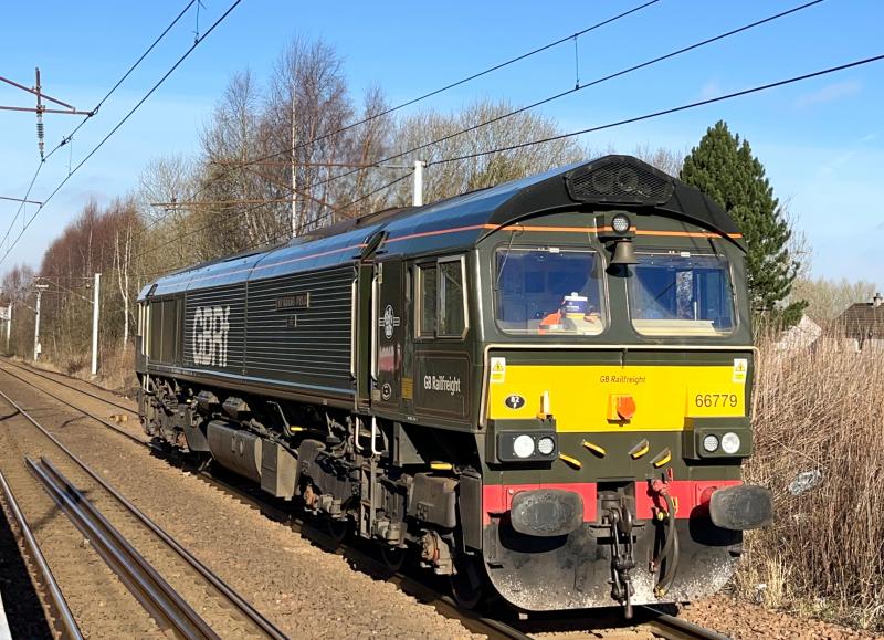 Morning Star: Looking very smart in its celebrity BR green guise, GB Railfreight's 66779 Photo of Morning Star