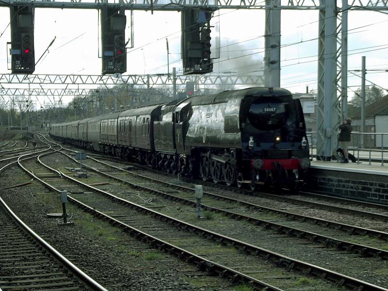 34067 at Carlisle: Ex SR Battle of Britain 34067 Tangmere arrives at Carlisle with the Northern Belle Settle and Carlisle Steam Special from York on 2nd April 2022. Photo of 34067 at Carlisle