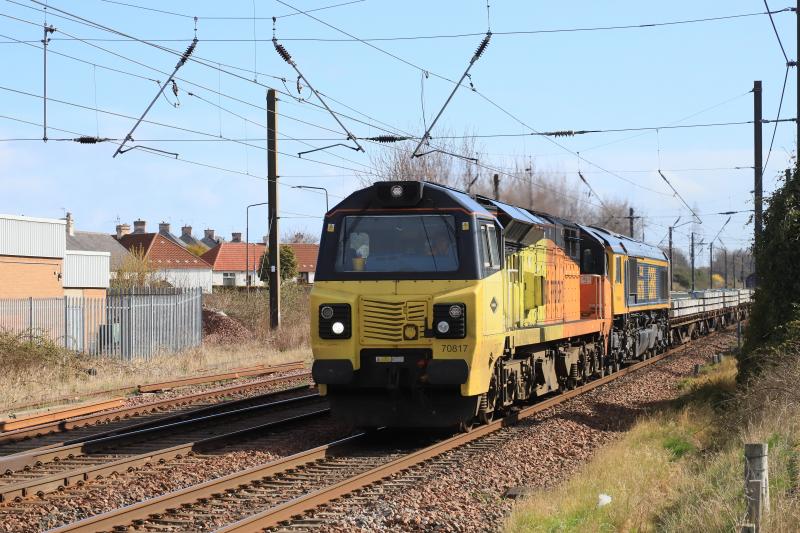 6S31 with 3 Different Company Locomotives: 70817 (Colas) + 66706 (GBRf) with 66161 (DB) on the rear of 6S31 04.37 Doncaster Up Decoy to Millerhill S.S. approaching Prestonpans on 08/04/2022 Photo of 6S31 with 3 Different Company Locomotives