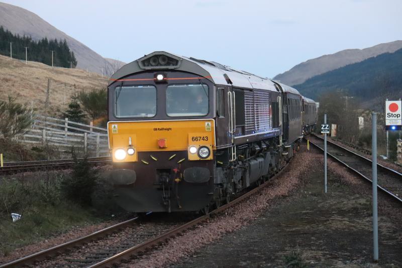 GBRf 66743 on Royal Scotsman: Arriving at Bridge of Orchy this evening around two hours late. 66746 was on the tail. Photo of GBRf 66743 on Royal Scotsman