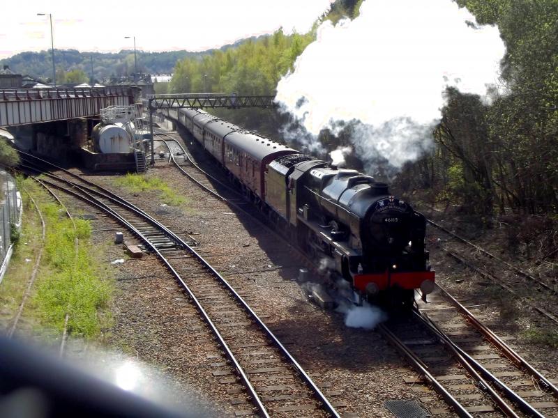 Scots Guardsman at Perth: After its water stop, Ex LMS Royal Scot 46115 Scots Guardsman leaves Perth with the Day 2 leg of The Great Britain XIV from Edinburgh to Inverness. With a fire warning in place 47802 is on the rear. Photo of Scots Guardsman at Perth
