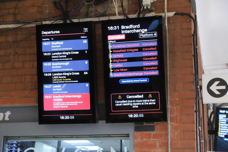 Departure Board at Doncaster: Grand Central reason for cancelling a Train more trains than usual needing maintenance Photo of Departure Board at Doncaster