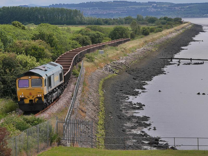 Kincardine ballast: Freightliner 66513 nears Kincardine with the 6K64 Thornton - Ravenstruther empty ballast. Thanks to the driver for the toot and wave. 1 July 2022. Photo of Kincardine ballast