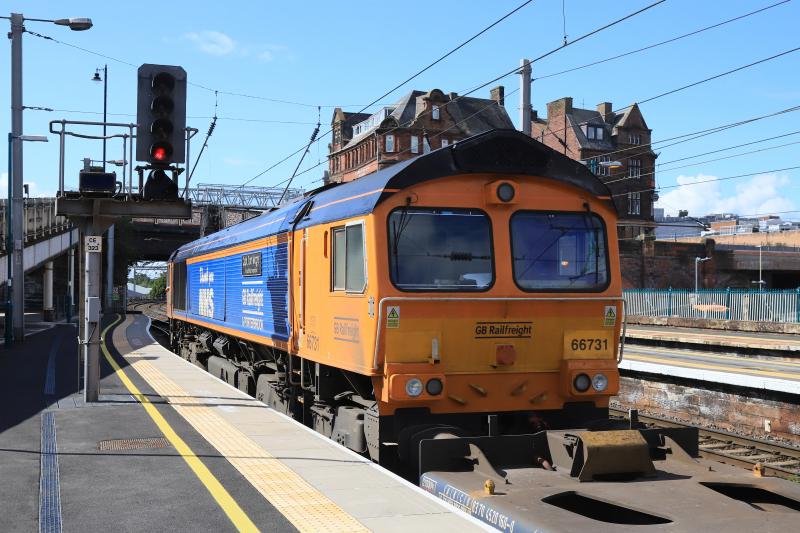 66731 Cleaner Cab: 66731 on 4S57 10.25 Hams Hall to Mossend Euroterminal leaving Carlisle Platform 3 on 04/08/2022. Photo of 66731 Cleaner Cab