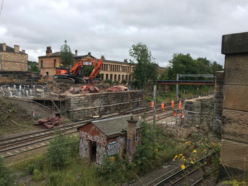 Nithsdale Road: View across Nithsdale Road looking towards Moray Place, after the bridge deck had been removed to allow for the Barrhead / East Kilbride electrification to proceed Photo of Nithsdale Road