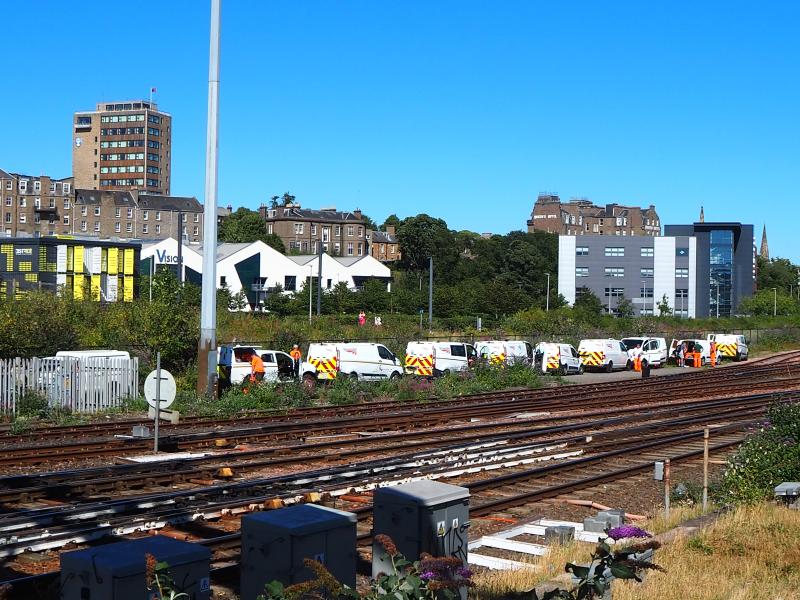 Big NR turnout at Dundee: Photo shows a big turnout of NR staff and vans at Dundee on 11 August 2022. Photo of Big NR turnout at Dundee
