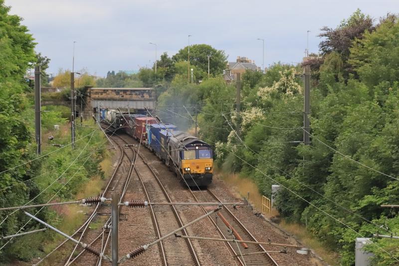 4Z96: 66109 on 4Z96 08.24 Mossend Euroterminal to Tees Dock BSC Export Berth passing the site of Craigentinny Signalbox on 18/08/2022. Diverted via Edinburgh Waverley Photo of 4Z96