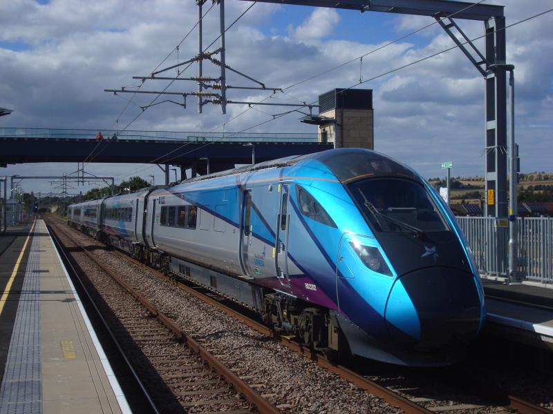 TP 802202 Edinburgh to Newcastle @ Reston: By a fluke caught this 5 car unit as it stopped at the new Reston Station. Looked lightly loaded. Two passengers got off with no one getting on. Photo of TP 802202 Edinburgh to Newcastle @ Reston